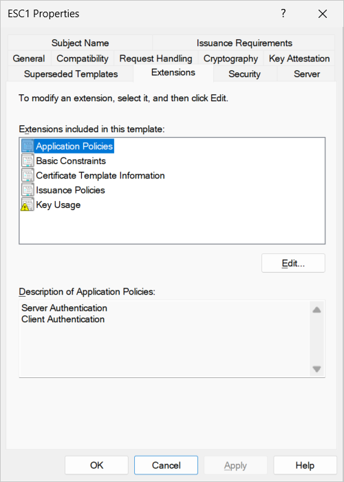Screenshot of the Certificate Template Properties dialog showing the Extensions tab. Extensions included in this template are listed as Application Policies (highlighted), Basic Constraints, Certificate Template Information, Issuance Policies, and Key Usage. The Description of Application Policies pane at the bottom shows Client Authentication and Server Authentication.