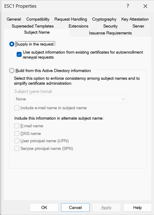 Screenshot of the Certificate Template Properties dialog showing the Subject Name tab. The Supply in the request radio button is selected, with the sub-option Use subject information from existing certificates for autoenrollment renewal requests also checked. The Build from this Active Directory information radio option is unselected, with all its sub-options greyed out.