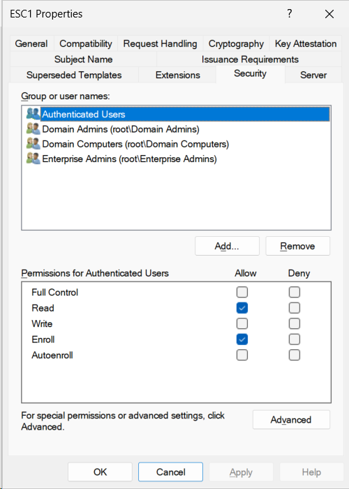 Screenshot of the Certificate Template Properties dialog showing the Security tab. Authenticated Users is selected in the Group or user names list. In the Permissions for Authenticated Users pane below, the Allow checkboxes for Read and Enroll are both checked. Full Control, Write, and Autoenroll are unchecked.