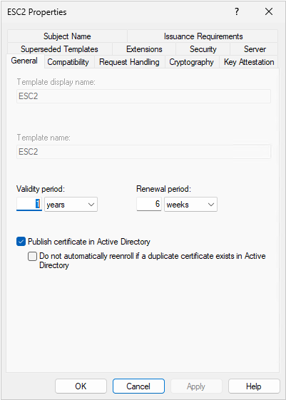 Screenshot of the Certificate Template Properties dialog in Windows Server, showing the General tab for a template named ESC2. The template display name and template name are both ESC2. Validity period is 1 year, renewal period is 6 weeks. The Publish certificate in Active Directory checkbox is checked.