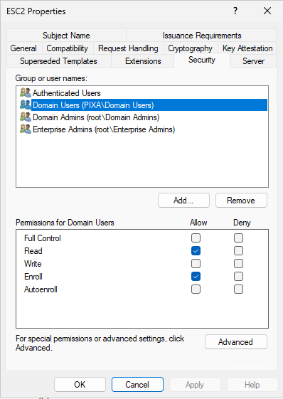 Screenshot of the Certificate Template Properties dialog showing the Security tab. Authenticated Users, Domain Users (highlighted), Domain Admins, and Enterprise Admins are listed in the Group or user names list. In the Permissions for Domain Users pane below, the Allow checkboxes for Read and Enroll are both checked.